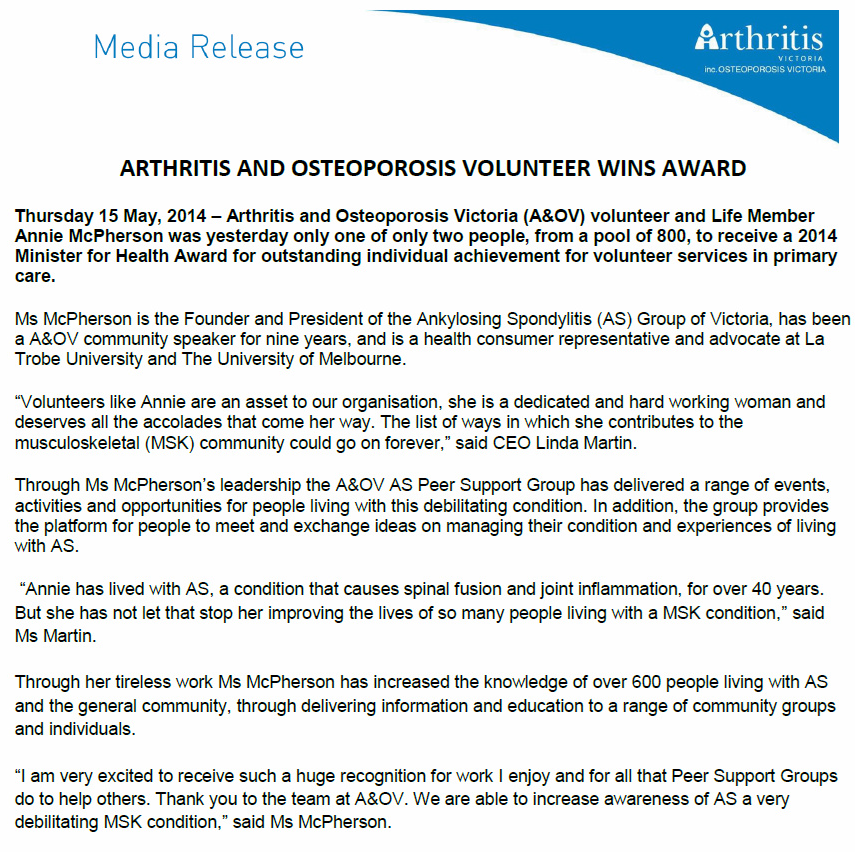 Arthritis Victoria -Media Release 15/5/2014